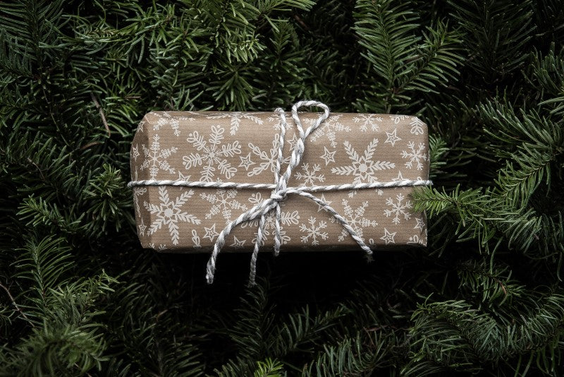 Regalo envuelto con un lazo sobre un fondo de ramas de pino