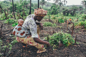 Mujer trabajando en un campo de cultivo con su bebé a la espalda